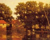 威廉 勒洛夫斯 : A Sunlit River Landscape With Cows Watering